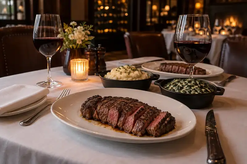 Strip steak with creamed spinach and mashed potatoes at a table