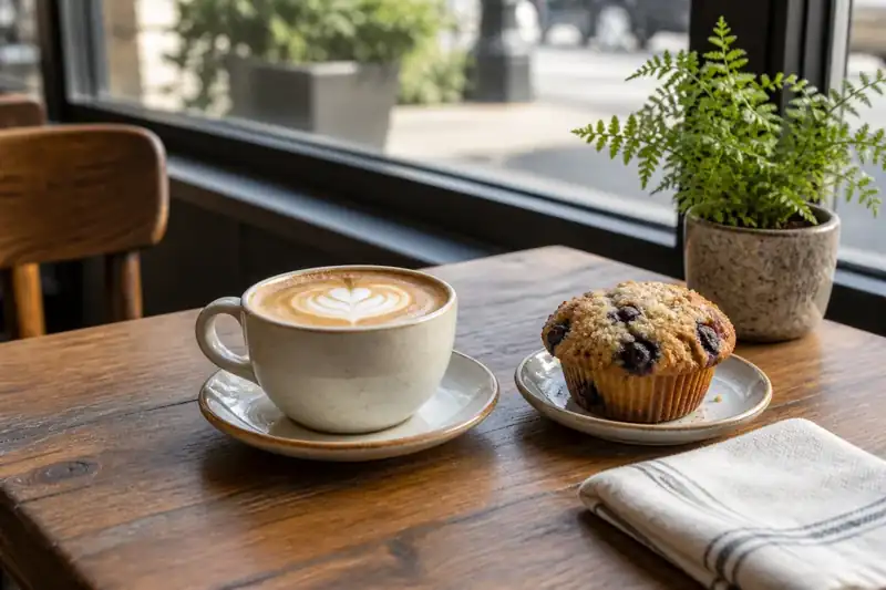 Flat white and blueberry muffin beside a café window