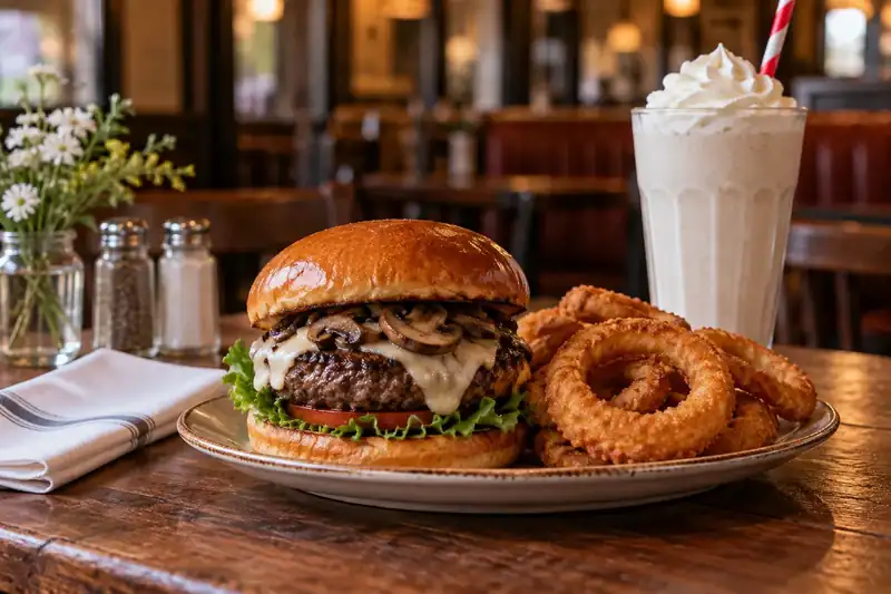 Mushroom Swiss burger onion rings and a vanilla shake on a table