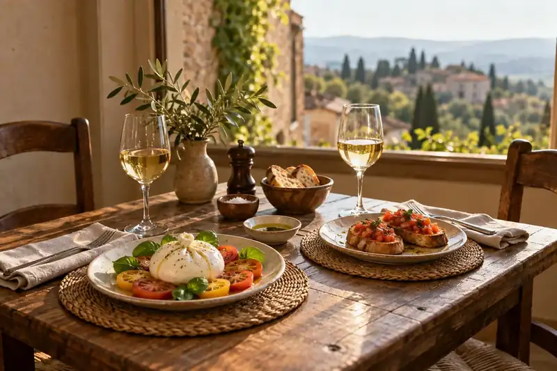 Burrata and tomato bruschetta on an Italian table for two