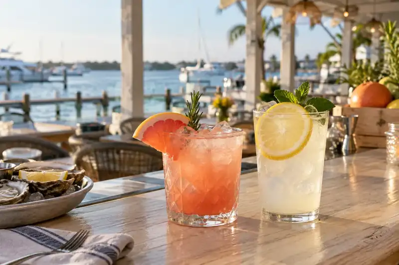 Grapefruit and lemon drinks in clear glasses on a wooden bar