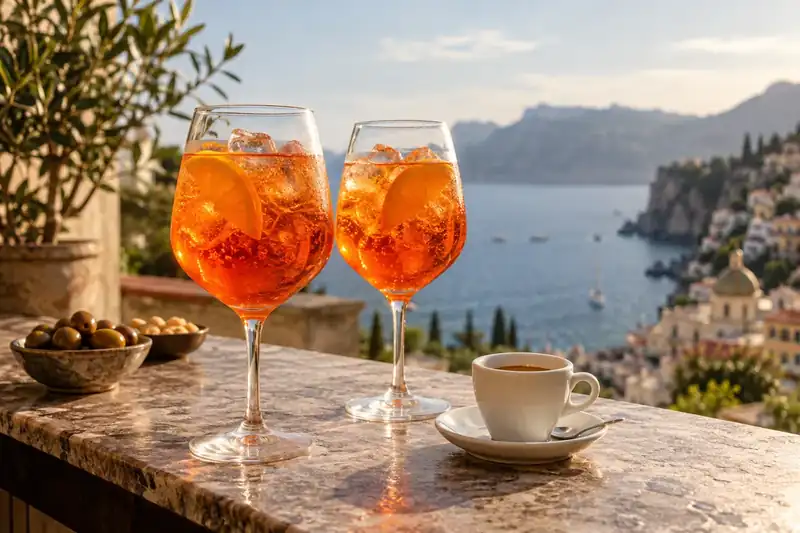 Sparkling citrus drinks and espresso on a stone bar