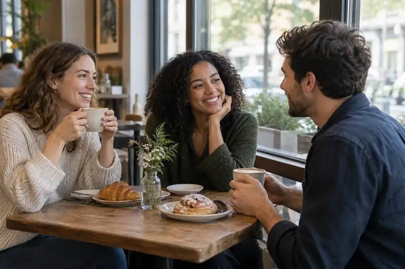 Friends chatting over coffee and pastries at a café table