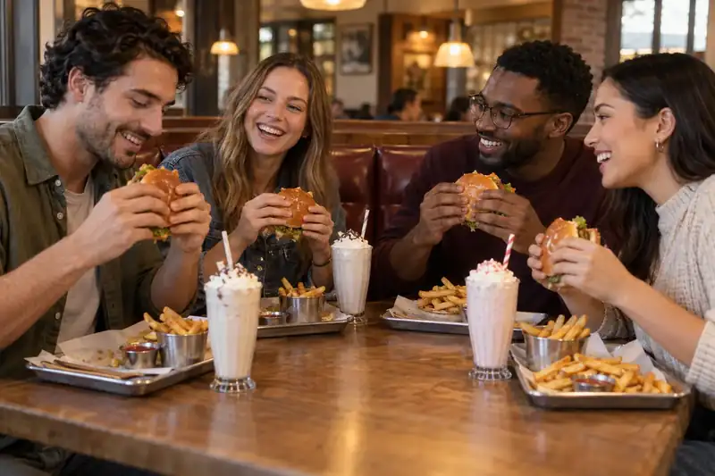 Friends enjoying burgers fries and shakes in a restaurant booth