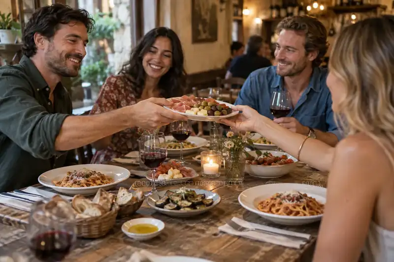Friends sharing antipasti and pasta around an Italian restaurant table