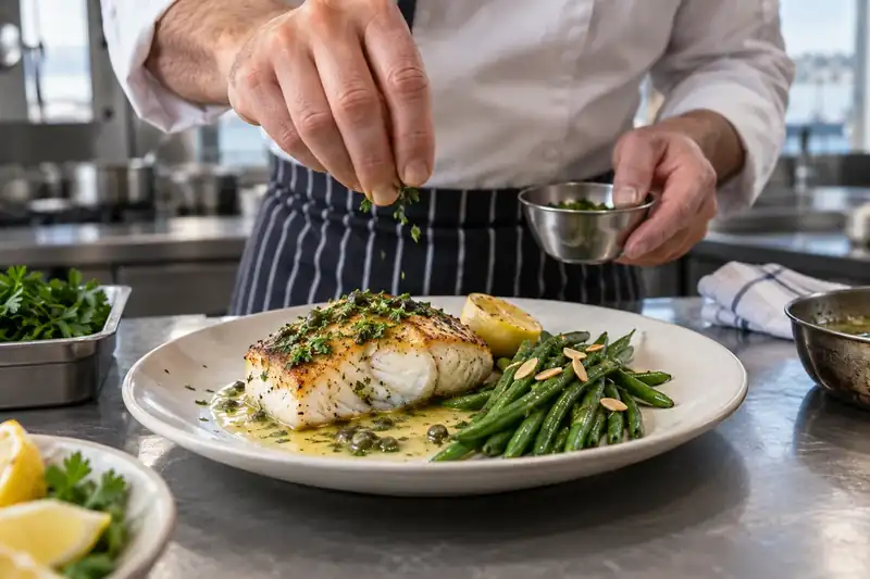 Chef finishing roasted cod with herbs beside tender green beans