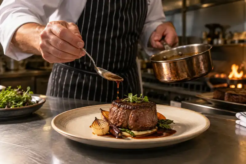 Chef spooning jus beside seared beef tenderloin in a kitchen