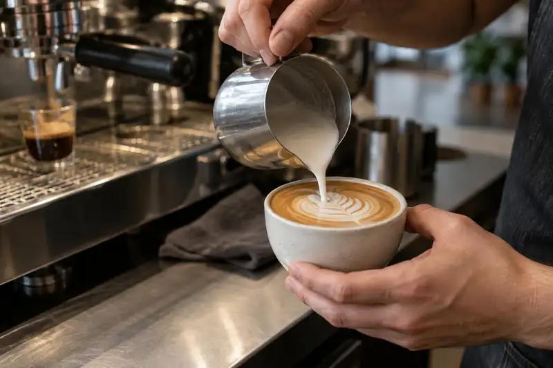 Barista pouring steamed milk into espresso in a ceramic cup