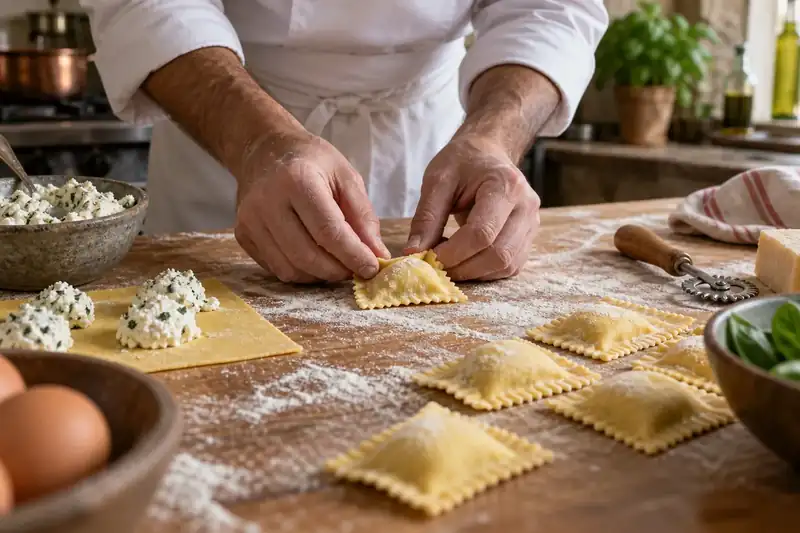 Chef hands folding ricotta ravioli on a floured wooden workbench