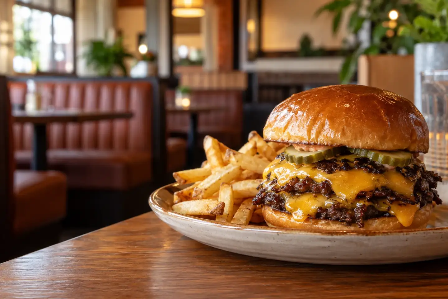 Double smash cheeseburger with cheddar and fries on a restaurant table